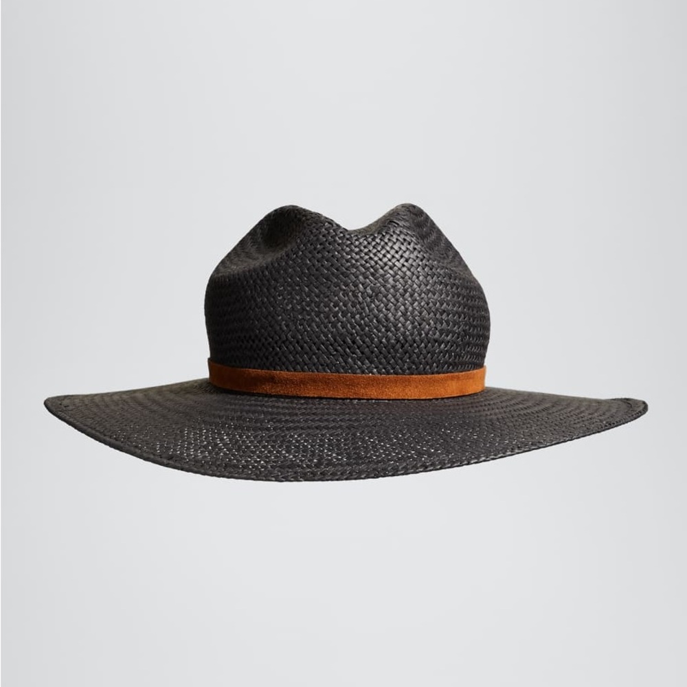 Janessa Leone Black Straw Hat with Brown Band